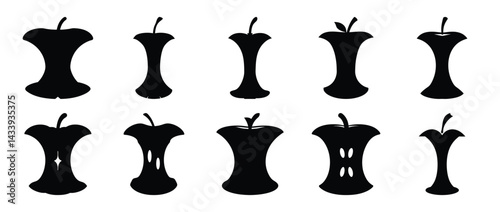 Collection of stylized black apple cores on a white background illustration