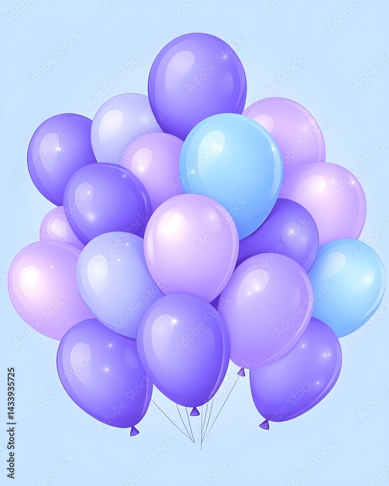 A cluster of pastel purple and light blue balloons, tied together, floats against a light blue background A cluster of pastel purple and light blue balloons, tied together, floats against a light blue background