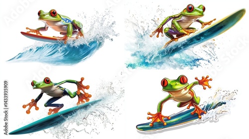 Four vibrant illustrations of red-eyed tree frogs surfing on waves.