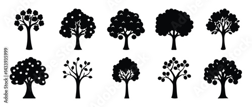 Collection of Silhouetted Trees in Varied Styles, From Leafy to Fruit Bearing