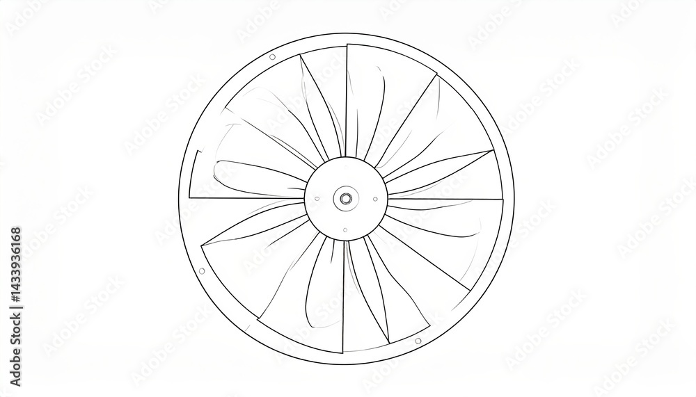 Exploring the dynamics of a high-efficiency fan blade design industrial setting technical illustration engineering environment top-down view innovative concepts for airflow optimization Exploring the dynamics of a high-efficiency fan blade design industrial setting technical illustration engineering environment top-down view innovative concepts for airflow optimization