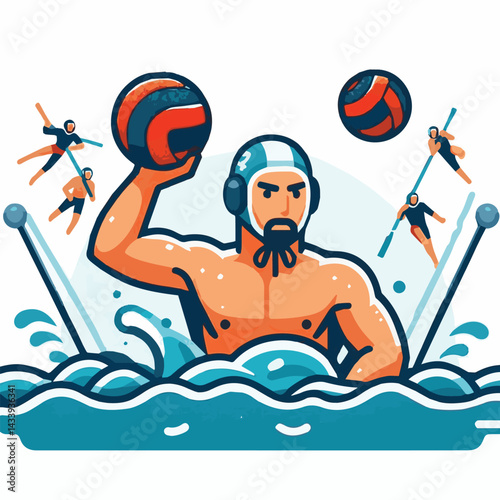 water, ball, sport, game, competition, water polo, polo, pool, swim, play, sports, person, vector, athlete, player, illustration, team, match, exercise, recreation, summer, background, young, blue, ac