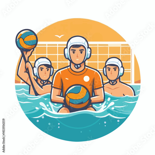 water, ball, sport, game, competition, water polo, polo, pool, swim, play, sports, person, vector, athlete, player, illustration, team, match, exercise, recreation, summer, background, young, blue, ac