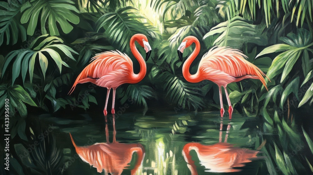 Obraz premium Two Pink Flamingos Reflecting in Tropical Lagoon