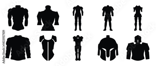 Collection of black silhouettes representing different armor types and helmets