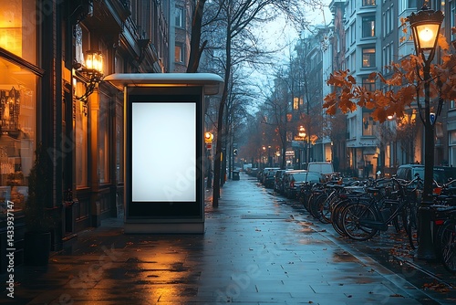 Blank advertisement billboard in urban streetscape rainy day