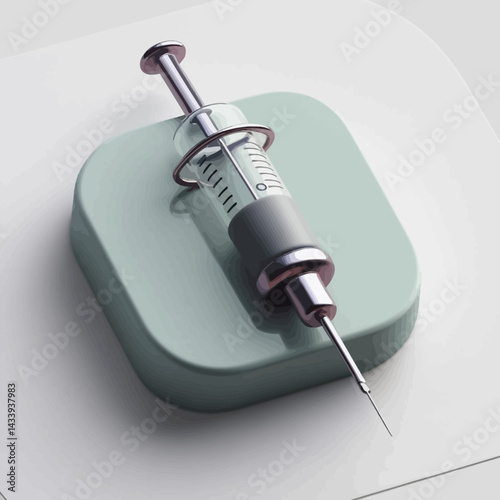 Metallic Syringe on Green Base, Medical Concept