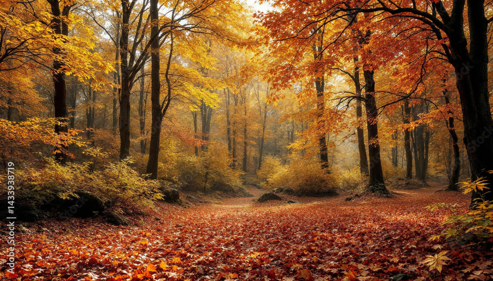 Fototapeta premium Forest Panorama with Sunrays Serene Woodland Landscape