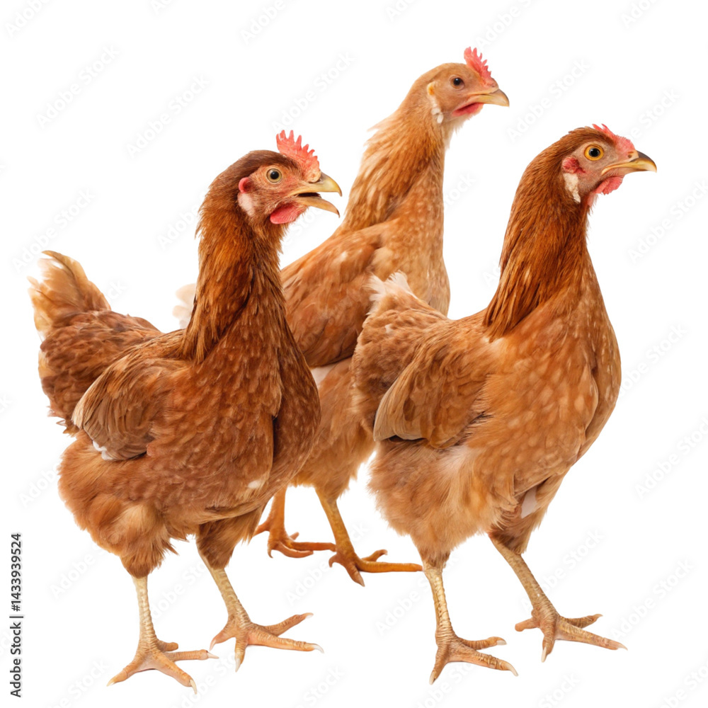 Fototapeta premium Four brown chickens isolated on transparent background 
