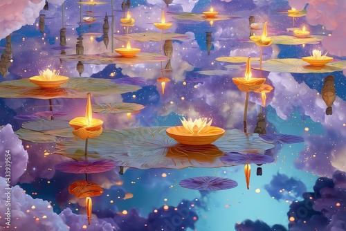 Dreamy illustration of floating diyas on lily pads in a mystical landscape