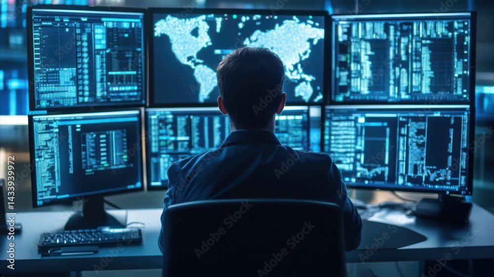 A person sits in front of multiple monitors displaying data and maps, immersed in a high-tech environment focused on information processing. A person sits in front of multiple monitors displaying data and maps, immersed in a high-tech environment focused on information processing.