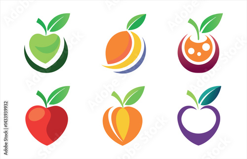 A vector illustration showcases a healthy set of cartoon fruit icons and vegetable icons, including apple, strawberry, orange, cherry, banana, pear, lemon, plum, and leaf designs, perfect for fresh fo