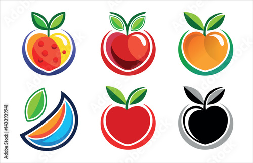 A vibrant set of vector fruits features a healthy mix of apple, strawberry, orange, pear, banana, and lemon icons with fresh leaf design