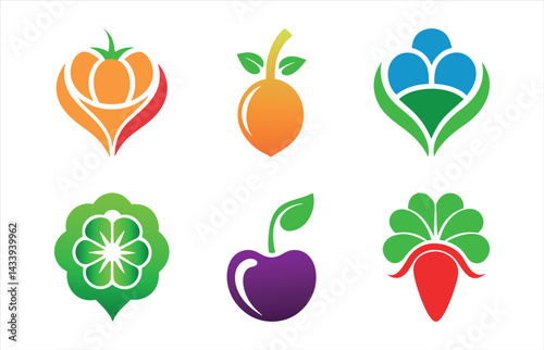 This is a vector illustration set of healthy food design with fresh nature vegetables and fruits icons, including apple, strawberry, orange, lemon, pear, cherry, banana, watermelon, and citrus symbols