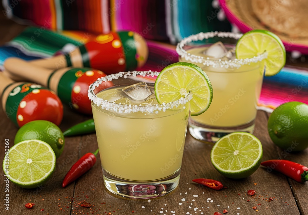 Fototapeta premium Two fresh margaritas with lime and salt, ready to be enjoyed for a special occasion.