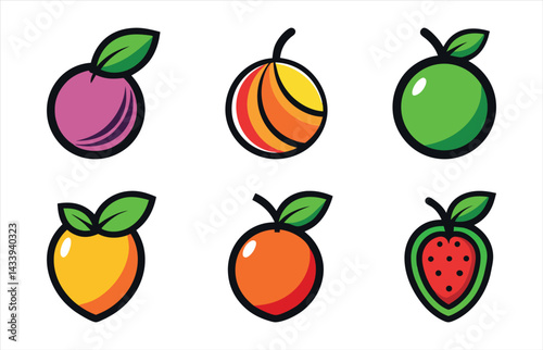 A vibrant set of fruits and vegetables, including apple, strawberry, orange, and banana, forms a healthy food illustration