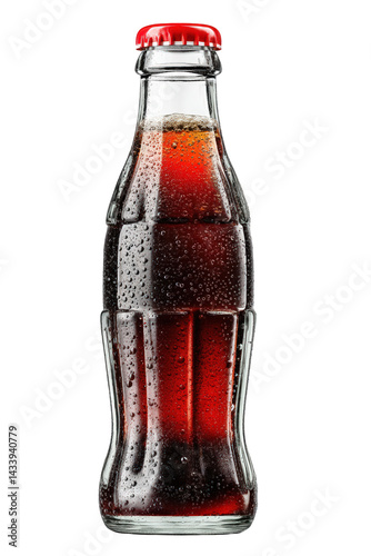 Refreshing cold glass bottle of brown soda drink red cap cola dark fizzy on transparent background
