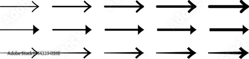 Set of straight right arrows vector in varying thickness from thin to thick styles, perfect for infographics, user interfaces, direction indicators, and minimal modern design projects