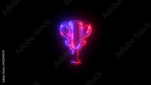 Glowing neon UAFA CHAMPIONS football cup icon animation coral and yellow color on a black background