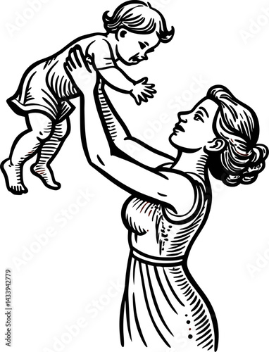 Caucasian woman joyfully lifting baby in black and white.