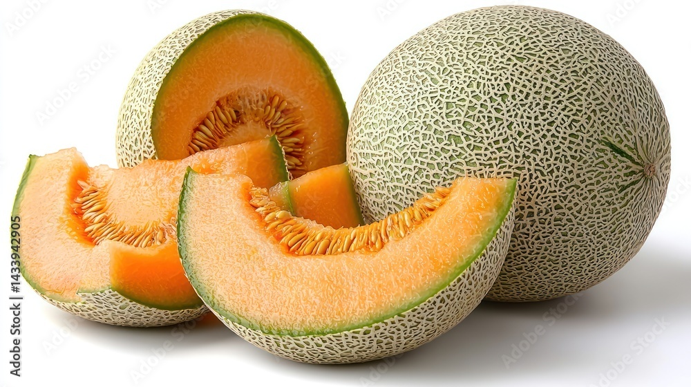 Cantaloupe Slices and Half Melon Displayed on White Background Fresh Fruit