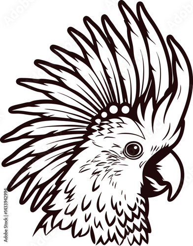 Detailed black and white of a cockatoo with spiky feathers