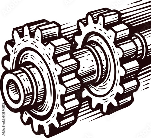 Intricate gear mechanism with interlocking cogs in black and white design