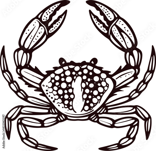 Intricate black and white crab with detailed patterns and claws spread wide.