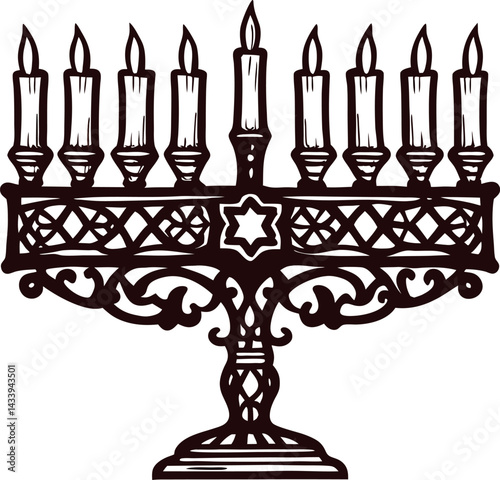 Elegant menorah with nine lit candles in ornate design for hanukkah celebration
