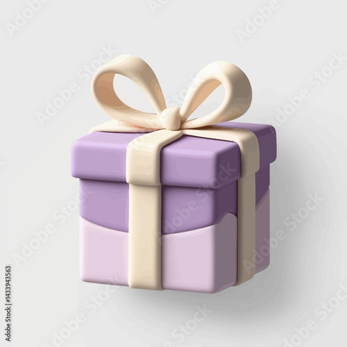 3D Gift Box with Cream Bow and Ribbon on White Background