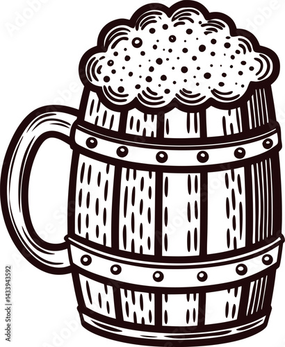 Illustrated wooden beer mug with frothy top and engraved details
