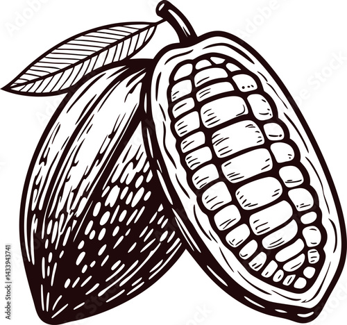 Detailed of a cocoa bean with leaf and cross section view.