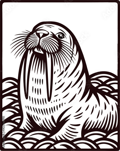 Walrus majestic marine animal amid ocean waves in bold monochrome design.