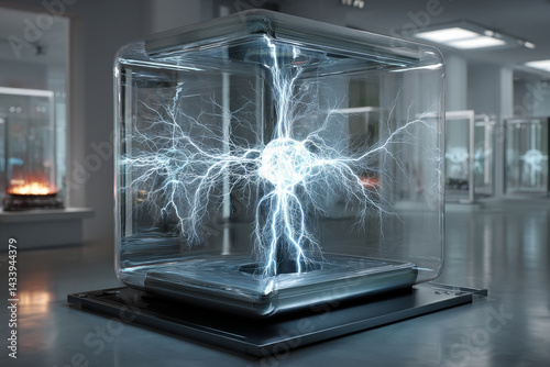 futuristic plasma field generator emits glowing arcs of energy in modern, sleek room, creating captivating visual display