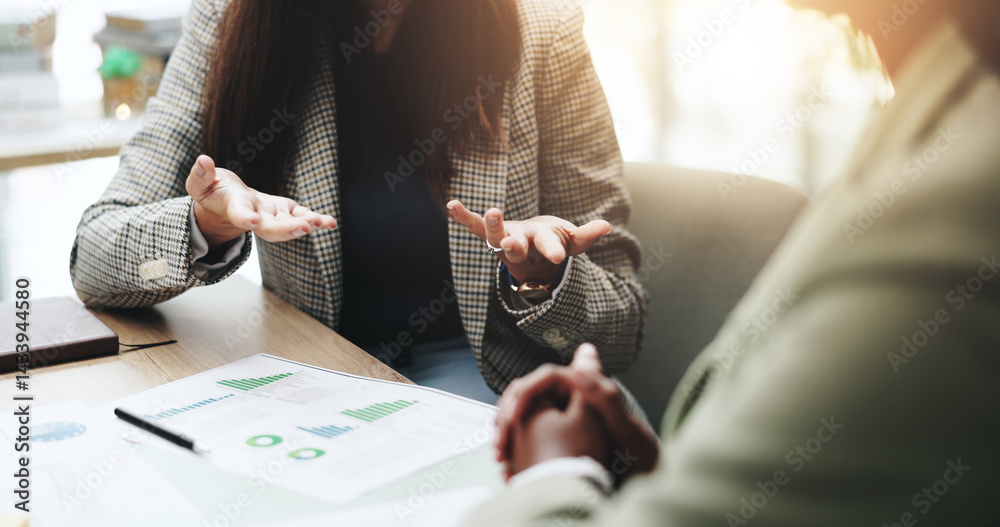 Hands, business people and discussion with feedback, graphs and profit growth or sales analytics. Closeup, teamwork and financial advisor with proposal, advice or ideas for charts or company revenue