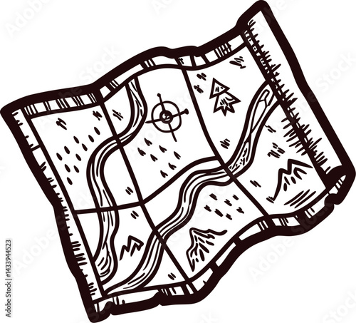 Illustrated adventure map with rivers, mountains, and forests on wrinkled paper