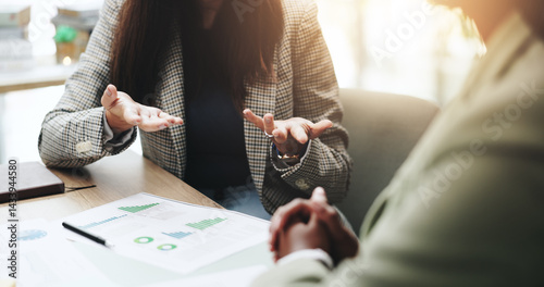 Obraz na płótnie Hands, business people and discussion with feedback, graphs and profit growth or sales analytics. Closeup, teamwork and financial advisor with proposal, advice or ideas for charts or company revenue w salonie