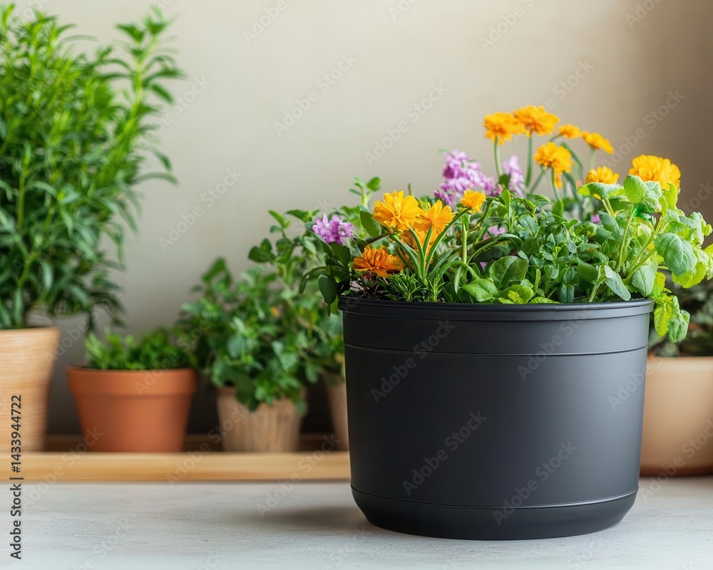 Fototapeta premium Indoor flower garden with vermicomposting bin, circular sustainability, ecofriendly gardening lifestyle