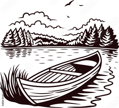 Tranquil lake landscape with wooden boat and scenic pine trees in black and white