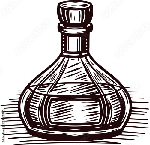 Detailed sketch of vintage glass decanter with stopper on wooden surface