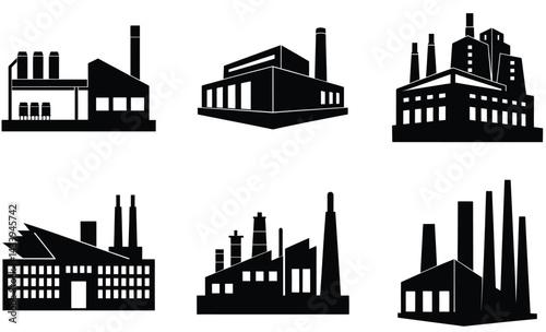 Modern Factory Silhouette Vector Collection: Industrial, Manufacturing Icons

