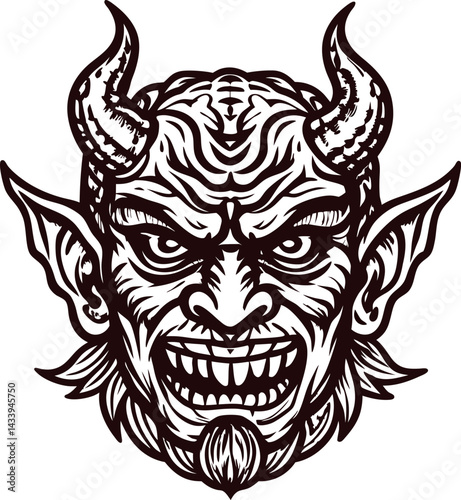 Intricate black and white of a horned demon face with sharp features and menacing expression
