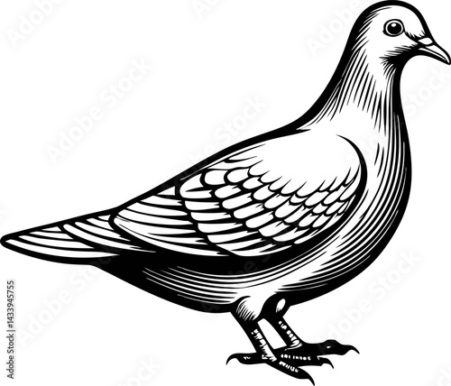 Illustrated pigeon with detailed feather patterns in black and white design