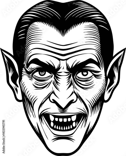 Monochrome of male vampire face with classic features and dark expression