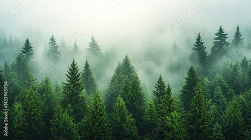 Panoramic view of the mysterious evergreen forest in a fog. Ancient pine tree silhouettes close-up. Dark atmospheric summer landscape. Sun rays. Nature, ecology, fantasy, fairytale, silence, darkness 