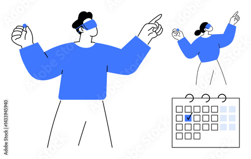 Two characters wearing VR headsets engaging in interactive gestures with a marked calendar. Ideal for time management, planning, VR technology, innovation, teamwork, multitasking, productivity. Clean