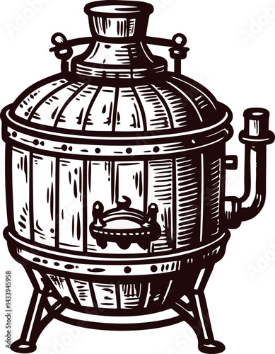 Vintage metal distillery apparatus with pipes and valve in black and white design