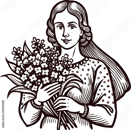 Young caucasian woman holding bouquet of flowers in black and white