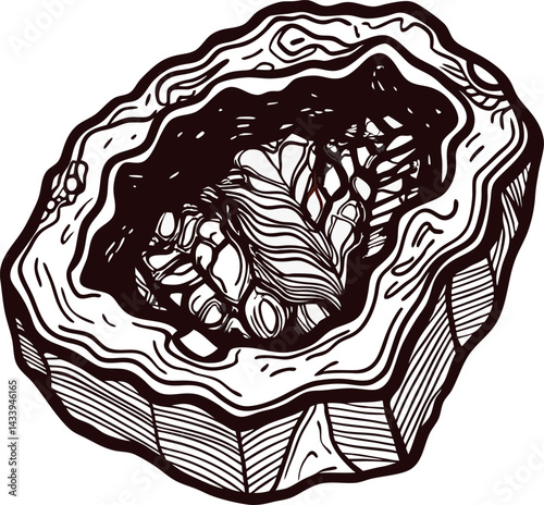 Detailed black and white line art of a geode cross section with intricate crystal structures