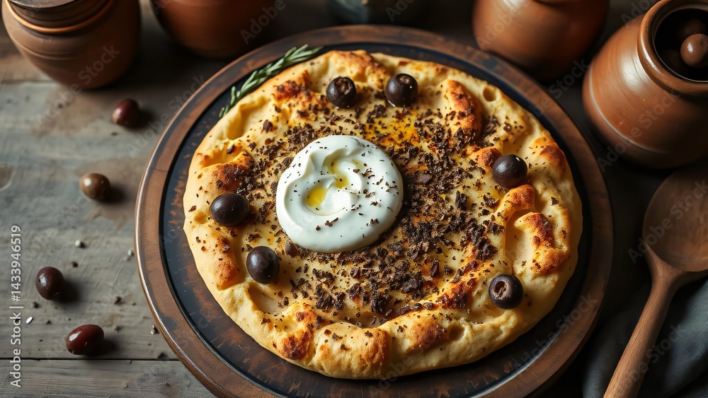 Zaatar Flatbread with Labneh, Olives, and Olive Oil Drizzle Zaatar Flatbread with Labneh, Olives, and Olive Oil Drizzle